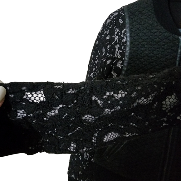 Rebecca Taylor Size 8 Black Quilted Lace Sleeve Bomber Jacket - Picture 5 of 7
